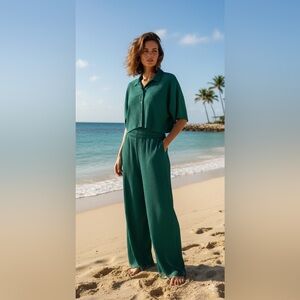 Maniere De Voir Green Button Down Ribbed Shirt and Pants Set, size 10